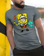 Funny Horror Cartoon Sponge Killer T Shirt Spooky Graphic Tee - model wearing grey tee, leaning on column