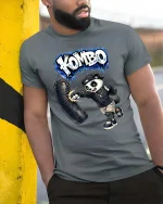 Funny Boxing Panda Kombo Graphic T Shirt Street Style Tee - model wearing grey tee, leaning on column