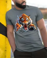 Fierce Roaring Tiger Graphic T Shirt Wild Animal Power Tee - model wearing grey tee, leaning on column