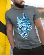 Ice Wolf Skull Graphic T Shirt Fierce Mythical Animal Tee - model wearing grey tee, leaning on column