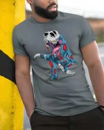 Zombie T Rex Skeleton Graphic T Shirt Funny Dino Horror Tee - model wearing grey tee, leaning on column