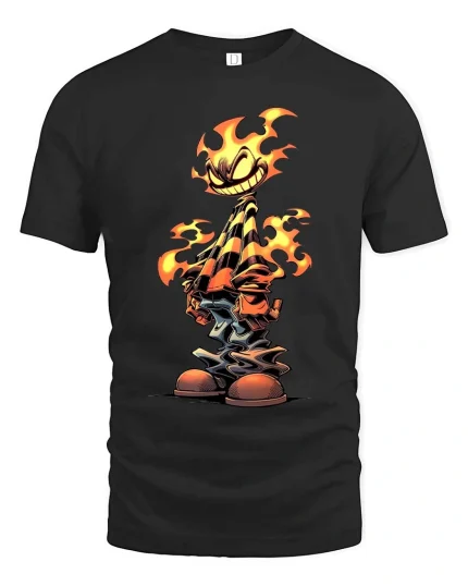 Smiling Flame Cartoon T Shirt Fiery Street Style Vibes - black t-shirt on white background