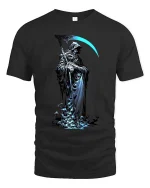 Grim Reaper T Shirt Dark Hooded Death Scythe Graphic Art - black t-shirt on white background