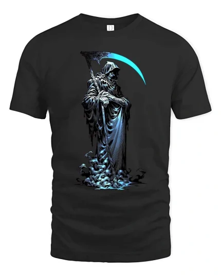 Grim Reaper T Shirt Dark Hooded Death Scythe Graphic Art - black t-shirt on white background