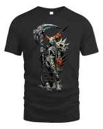 Punk Skeleton Reaper T Shirt Dark Skull Scythe Graphic - black t-shirt on white background