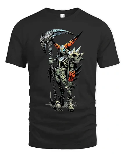 Punk Skeleton Reaper T Shirt Dark Skull Scythe Graphic - black t-shirt on white background