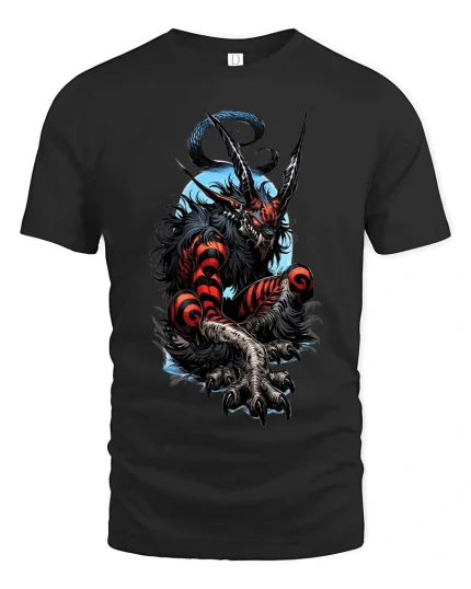 Dark Demon Beast T Shirt Fierce Horned Monster Graphic - black t-shirt on white background