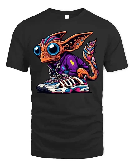 Cute Alien Streetwear T Shirt Big Eyes Sneaker Style Art - black t-shirt on white background