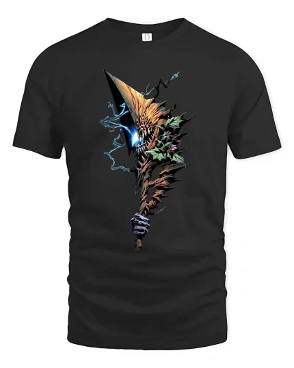 Dark Fantasy Axe T Shirt Lightning Skull Weapon Graphic - black t-shirt on white background