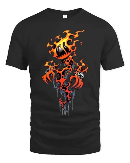 Flaming Pumpkin Demon T Shirt Spooky Fire Creature Graphic - black t-shirt on white background