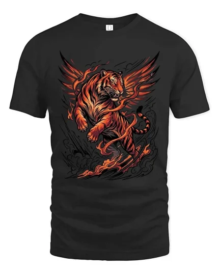 Flaming Winged Tiger T Shirt Fierce Fire Beast Graphic - black t-shirt on white background