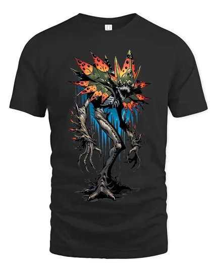 Creepy Flower Monster T Shirt Dark Horror Plant Graphic - black t-shirt on white background