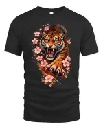 Roaring Tiger Blossom T Shirt Fierce Floral Beast Graphic - black t-shirt on white background