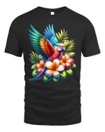 Tropical Parrot Flower T Shirt Colorful Exotic Bird Art - black t-shirt on white background