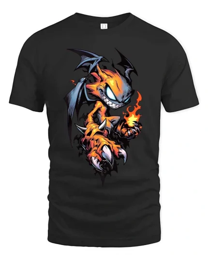 Fire Demon Cartoon T Shirt Mischievous Flame Creature Art - black t-shirt on white background