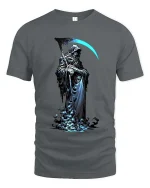 Grim Reaper T Shirt Dark Hooded Death Scythe Graphic Art - gray t-shirt on white background