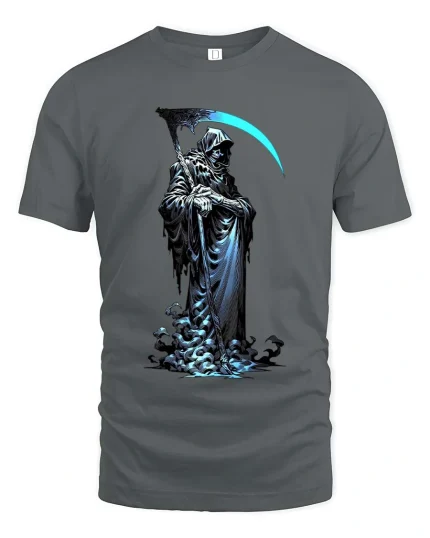 Grim Reaper T Shirt Dark Hooded Death Scythe Graphic Art - gray t-shirt on white background