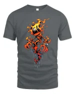 Flaming Pumpkin Demon T Shirt Spooky Fire Creature Graphic - gray t-shirt on white background