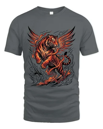 Flaming Winged Tiger T Shirt Fierce Fire Beast Graphic - gray t-shirt on white background