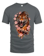 Roaring Tiger Blossom T Shirt Fierce Floral Beast Graphic - gray t-shirt on white background