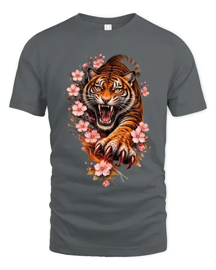 Roaring Tiger Blossom T Shirt Fierce Floral Beast Graphic - gray t-shirt on white background