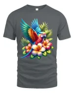 Tropical Parrot Flower T Shirt Colorful Exotic Bird Art - gray t-shirt on white background