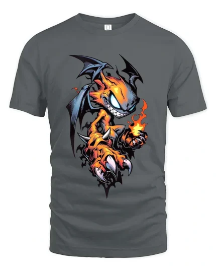 Fire Demon Cartoon T Shirt Mischievous Flame Creature Art - gray t-shirt on white background