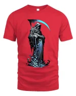 Grim Reaper T Shirt Dark Hooded Death Scythe Graphic Art - red t-shirt on white background