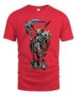 Punk Skeleton Reaper T Shirt Dark Skull Scythe Graphic - red t-shirt on white background