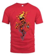 Flaming Pumpkin Demon T Shirt Spooky Fire Creature Graphic - red t-shirt on white background