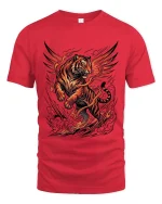 Flaming Winged Tiger T Shirt Fierce Fire Beast Graphic - red t-shirt on white background