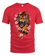 Roaring Tiger Blossom T Shirt Fierce Floral Beast Graphic - red t-shirt on white background