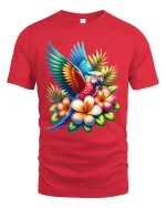 Tropical Parrot Flower T Shirt Colorful Exotic Bird Art - red t-shirt on white background