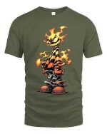 Smiling Flame Cartoon T Shirt Fiery Street Style Vibes - military green t-shirt on white background
