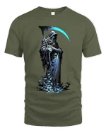 Grim Reaper T Shirt Dark Hooded Death Scythe Graphic Art - military green t-shirt on white background