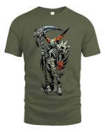 Punk Skeleton Reaper T Shirt Dark Skull Scythe Graphic - military green t-shirt on white background