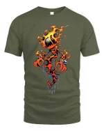 Flaming Pumpkin Demon T Shirt Spooky Fire Creature Graphic - military green t-shirt on white background