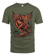 Flaming Winged Tiger T Shirt Fierce Fire Beast Graphic - military green t-shirt on white background