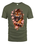 Roaring Tiger Blossom T Shirt Fierce Floral Beast Graphic - military green t-shirt on white background