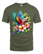Tropical Parrot Flower T Shirt Colorful Exotic Bird Art - military green t-shirt on white background