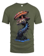Creepy Mushroom Monster T Shirt Dark Fantasy Fungus Art - military green t-shirt on white background