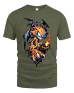 Fire Demon Cartoon T Shirt Mischievous Flame Creature Art - military green t-shirt on white background