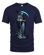 Grim Reaper T Shirt Dark Hooded Death Scythe Graphic Art - navy t-shirt on white background