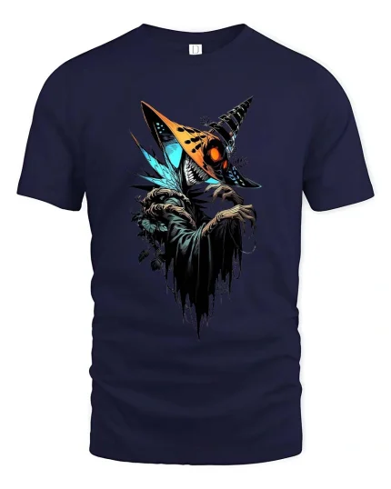 Dark Wizard Creature T Shirt Spooky Fantasy Mage Graphic - navy t-shirt on white background