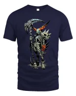 Punk Skeleton Reaper T Shirt Dark Skull Scythe Graphic - navy t-shirt on white background