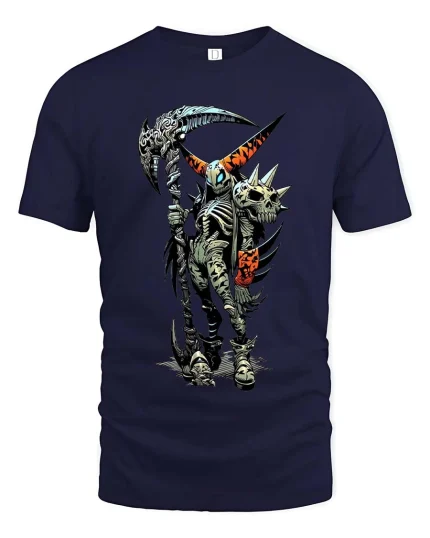 Punk Skeleton Reaper T Shirt Dark Skull Scythe Graphic - navy t-shirt on white background