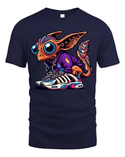 Cute Alien Streetwear T Shirt Big Eyes Sneaker Style Art - navy t-shirt on white background