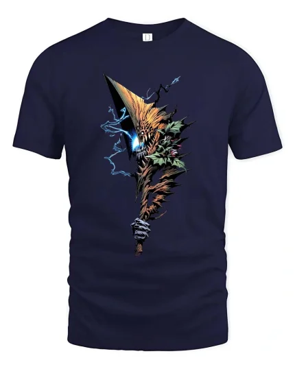Dark Fantasy Axe T Shirt Lightning Skull Weapon Graphic - navy t-shirt on white background
