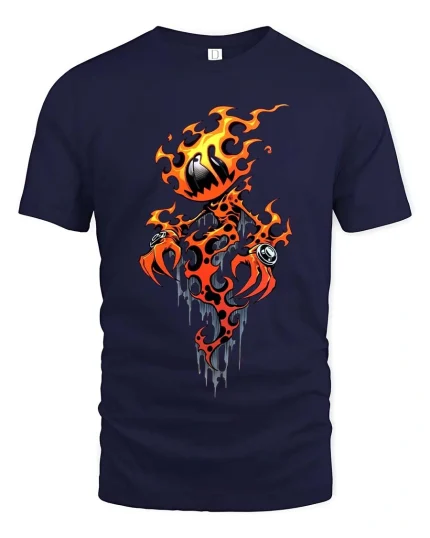 Flaming Pumpkin Demon T Shirt Spooky Fire Creature Graphic - navy t-shirt on white background