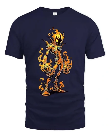Flaming Monster T Shirt Creepy Fire Creature Graphic Tee - navy t-shirt on white background